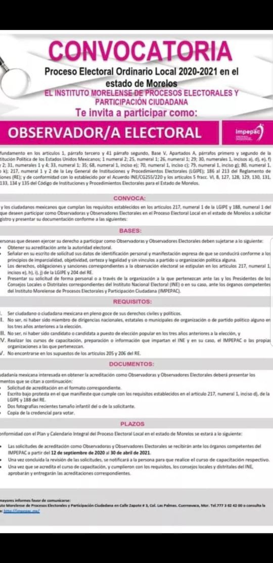 Convoca el Impepac a participar como consejero observador electoral 2020-2021