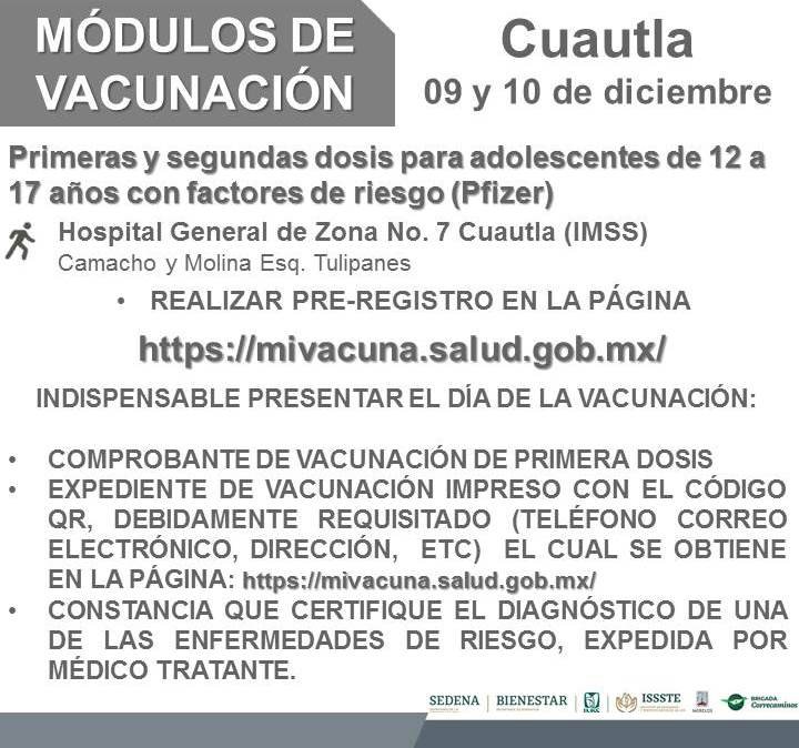 Continúa  vacunación contra covid-19  a los de 12 a 17 con factor de riesgo
