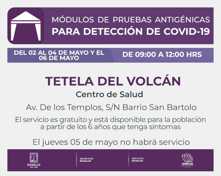 Habrá pruebas de antígeno para covid-19 sólo en Tetela del Volcán